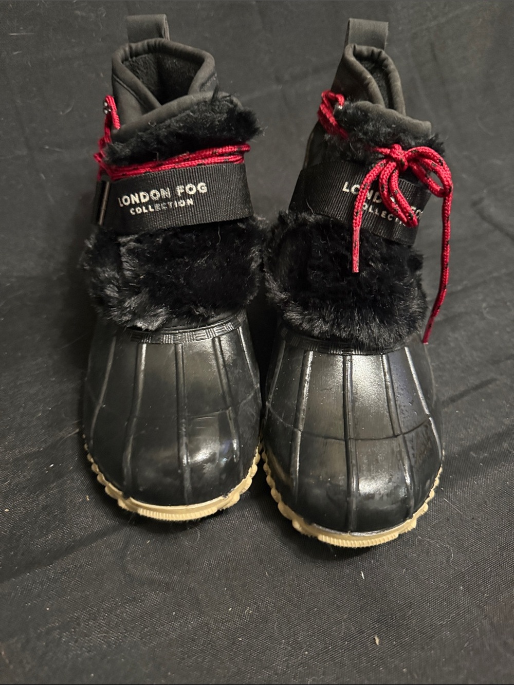 London Fog Kids Black Faux-Fur Rain Boots with Red Laces
